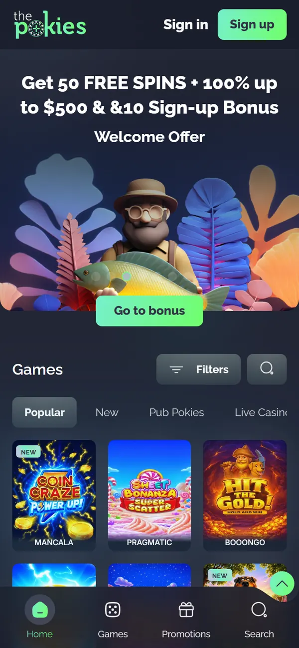 Homepage of The Pokies on a phone showing the welcome banner and Let's go call-to-action