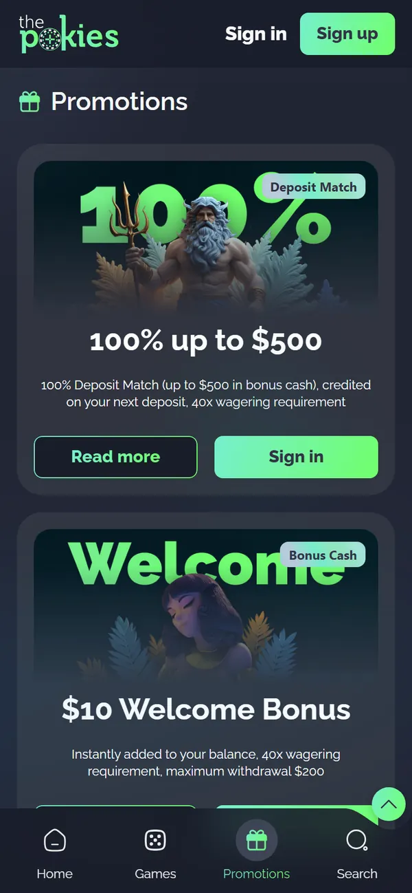 Promotions page on mobile showing the 100% deposit match and $10 welcome bonus cards