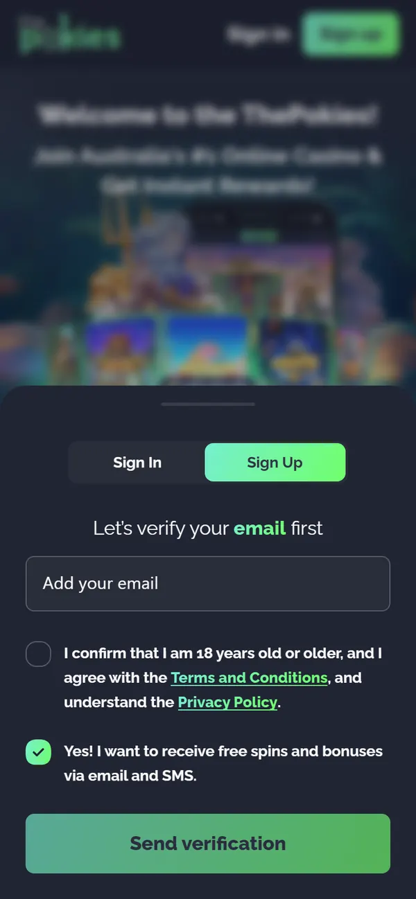 Sign-up modal on mobile asking for an email plus age and terms confirmations